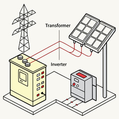 Wall Mural - Vector art of illustration depicting solar panels connected to a transformer, inverter, and electricity pylon, showcasing renewable energy integration into the power grid