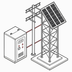 Wall Mural - Vector art of isometric illustration of a solar panel connected to an electrical transformer and a power pole, clean energy concept for sustainable power generation