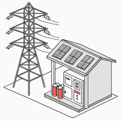Wall Mural - Vector art of illustration depicting a solar panel installation integrated with a transformer station and electricity pylon, emphasizing green energy infrastructure
