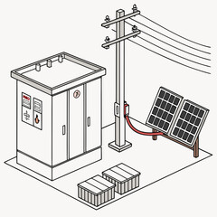 Wall Mural - Vector art of isometric illustration of a solar panel array connected to an electrical transformer and power pole, clean energy for sustainable power