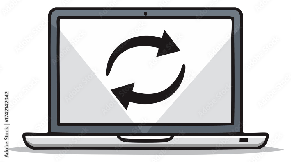 Laptop computer screen showing a refresh or sync icon symbol for system ...