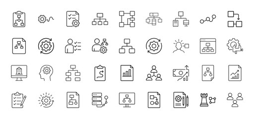 Business process line icon set. Vector pictograms of organizational charts, gears, documents, checklists, people, and data flow, thin linear illustration.