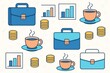 © Pixels Hunter - Flat design business-themed icons with briefcases, coffee cups, coins, and charts on a light background symbolizing finance and productivity. Ai generative