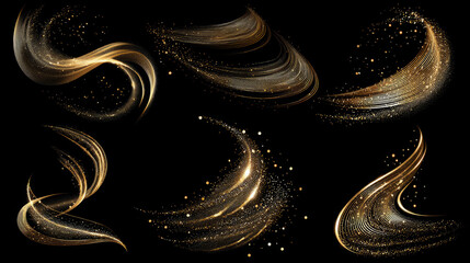Wall Mural - Golden Glitter Particle Swirls on Black Background
