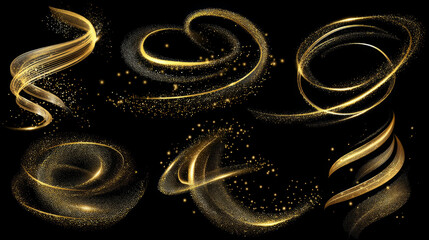 Wall Mural - Golden Glitter Particle Swirls on Black Background