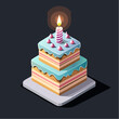 © BeruangDonati - Charming isometric illustration of a colorful two-tier birthday cake, adorned with a single glowing candle, symbolizing celebration, joy, and delicious festivities