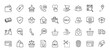 © MSTRABEIA - E-commerce line icon set. Vector pictograms of wallet, price tag, shopping cart, delivery, credit card, shopping bags, sale, QR code, map, security, money, and package, thin linear illustration.