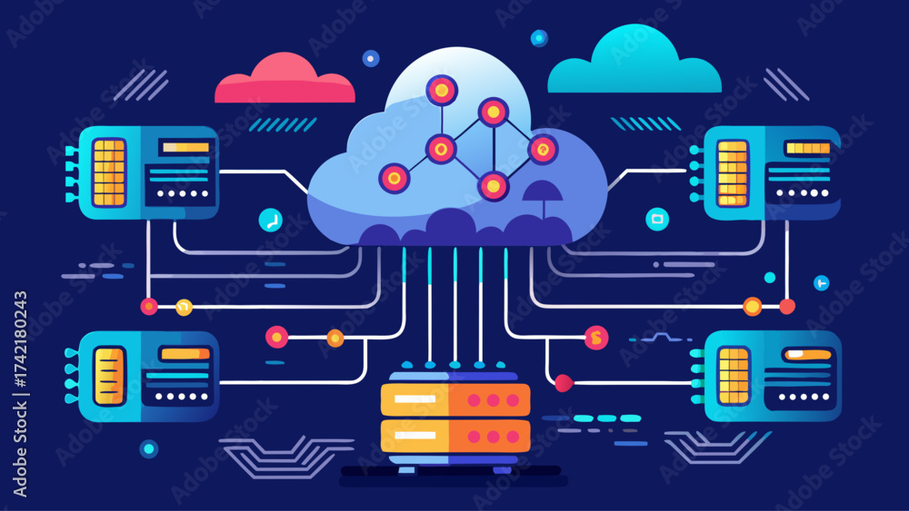 A colorful drawing of a network of servers and data centers. Concept of ...