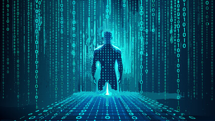 A man stands in a blue and green room with a computer screen behind him. The room is filled with a lot of numbers and the man is looking at a computer screen. Scene is futuristic and technological