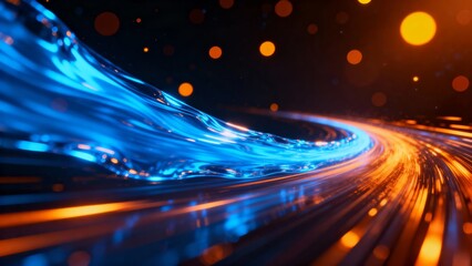 A dynamic digital artwork featuring a flowing blue wave with glowing orange streaks and bokeh lights against a dark background.