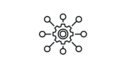 Gear icon with radiating connections representing network and process integration.