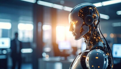 Cybernetic Robot in Office with AI, Technology, and Futuristic Concept.
