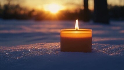 Wall Mural - A lit candle sits in the snow as the sun sets, creating a warm and cozy atmosphere