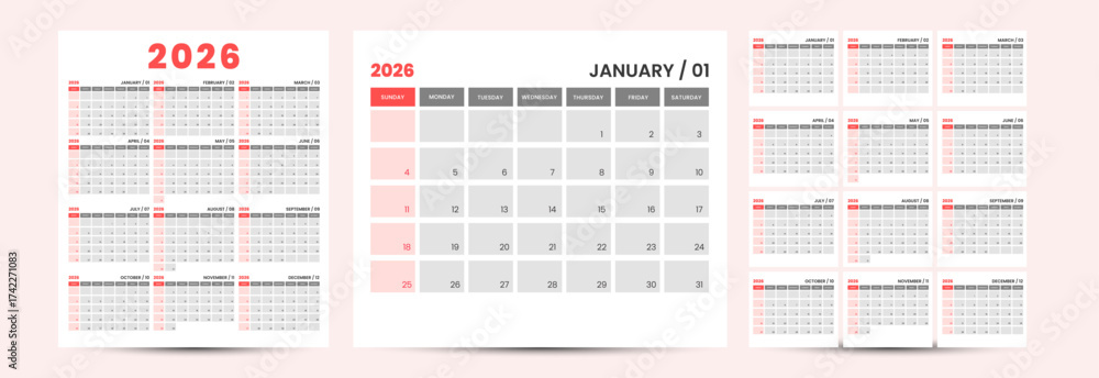 Minimalist 2026 calendar template design modern red gray layout ...