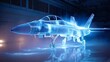 © Oleh - Fighter jet blueprint visualizing advanced aerospace engineering and design, presenting a modern military aircraft model as a glowing blue wireframe hologram in a dark hangar