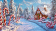 © Ruslan - A fairytale snow-covered path leads to a cartoon Christmas house among candy canes – a bright winter background with a Christmas theme
