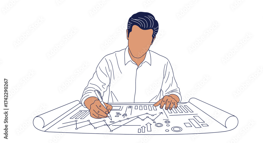 Architect working on a blueprint designing a new project drawing plans ...