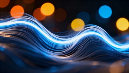 A dynamic abstract composition featuring flowing blue light waves against a backdrop of warm, blurred bokeh lights.