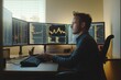 © imagepocket - A man intently works on a complex multi-monitor computer setup, displaying financial market data, trading charts, and programming code in an office setting.