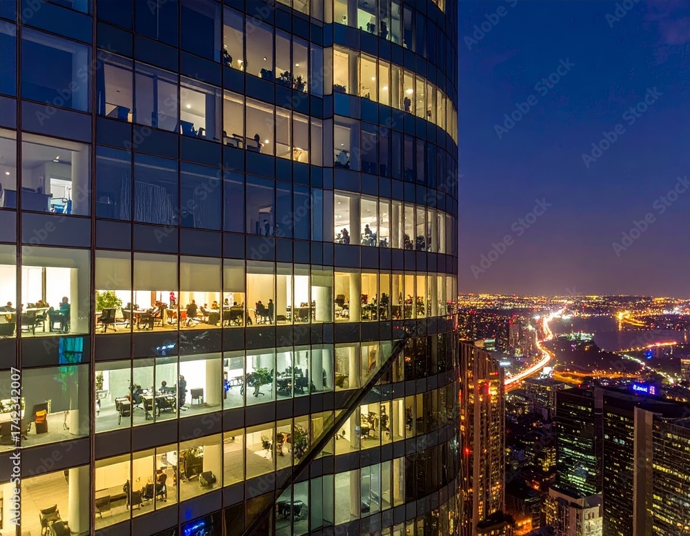 Photo Stock panoramic view a towering glass skyscraper, where office ...