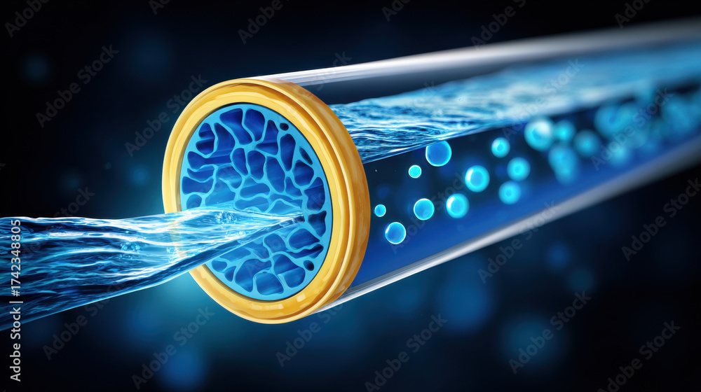 High tech cutaway view of reverse osmosis membrane element showing ...