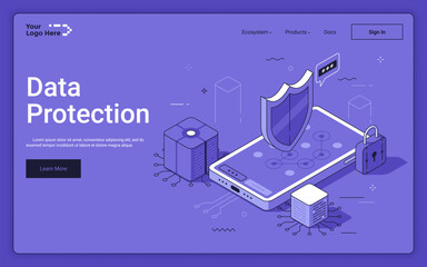 Smartphone with Shield cipher and padlock on purple background. Data protection isometric landing page template. Cybersecurity service for personal information 3d vector illustration for web page