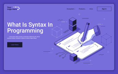 Hand writing application code with pencil on purple background. Syntax in programming landing page isometric template. Combinations of structured symbols 3d vector illustration for web page