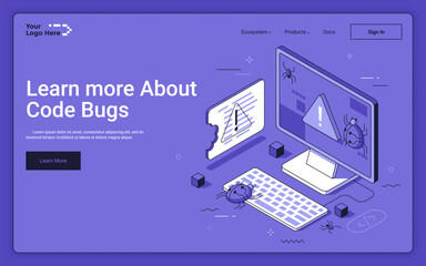 Computer monitor with error warning and damaged document on purple background. Code bugs landing page isometric template. Seeking application defects 3d vector illustration for web page