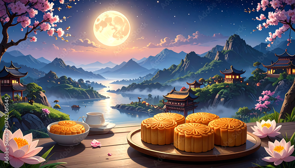 Cute Chinese Mooncake festival with large yellow moon celebrating ...