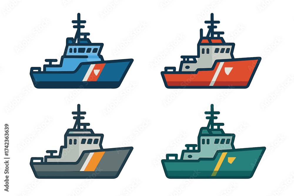 Coast guard ship vector icon set. Naval patrol boat and maritime rescue ...