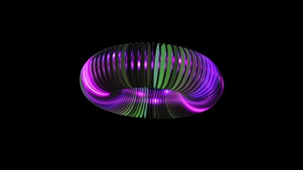 Wall Mural - 3D Rotating Circular Discs with Neon Purple and Teal Reflections on Black Background, Futuristic Motion Design Animation
