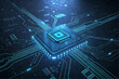 © Googl - Close up of a central processing unit with blue light emitting from the circuit board and the chip