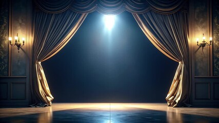 Canvas Print - A theatrical stage with golden curtains, illuminated by a spotlight, ready for a performance.