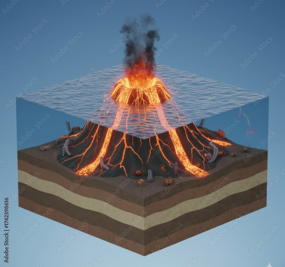 isometric cross-section diagram of an underwater volcano erupting hot ...