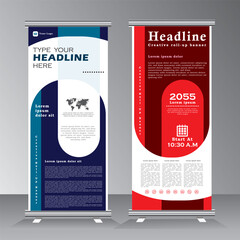 Wall Mural - roll up banner design template, vertical banner template design with blue and red colour, business stand tempalte. modern x-banner and standee banner, pull up banner, vector eps 10.