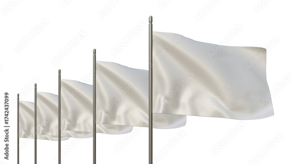 White blank flags waving in the wind on a isolated background. Mockup ...