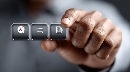 Digital Interface Interaction: A close-up shot of a hand interacting with digital interface buttons, highlighting technology and user engagement. 