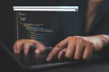 software engineer or programmer writing code, software coding developing, typing computer script. of