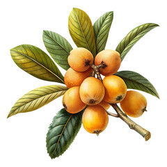 Illustration of loquat fruits on a branch with green and yellow leaves