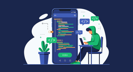 Coding remotely: A developer working on a mobile app with clean and efficient code