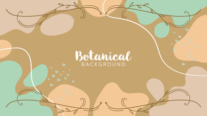 Wall Mural - Hand drawn bohemian botanical background banner with lines, floral elements, and abstract stone shapes in brown and neutral colors.
