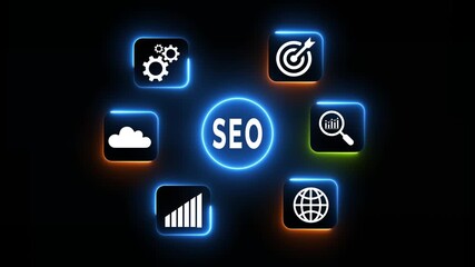 SEO and online presence concept on the transparent background. Focusing on web development and top search engine performance. Motion graphics of Search Engine Optimization idea. 4k video. 