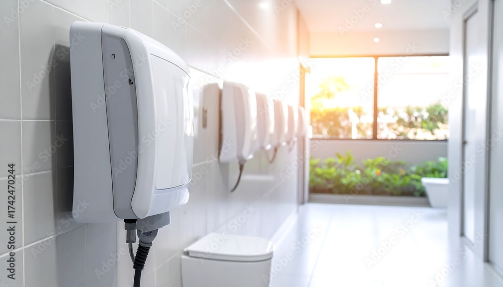 Use Restroom Public restroom with hand dryers and toilet Stock Photo | Adobe Stock