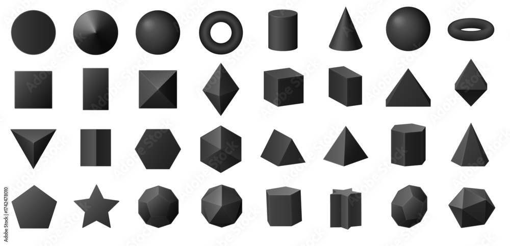 Collection of black stereometric geometric shapes including cubes ...