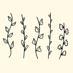 Wall Mural - Simple line art set of hand drawn botanical elements, including various wild plants, leaves, and stems.
