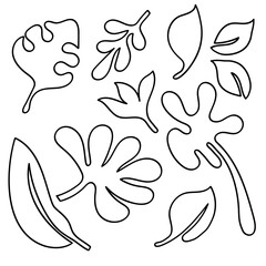 Wall Mural - Leaves Set Outline Summer Elements.Abstract Botanical Organic Shape Line Art Vector Collection.