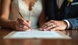 © Pete - Bride and groom hands with wedding rings sign marriage certificate with gold pen. Couple commits legally, marking union with official document, symbolizing love and partnership.
