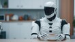© Nitchalee N. - Barista pour over art, A humanoid robot sits at a table, holding a cup of coffee, with a modern kitchen background, reflecting a blend of technology and daily life.