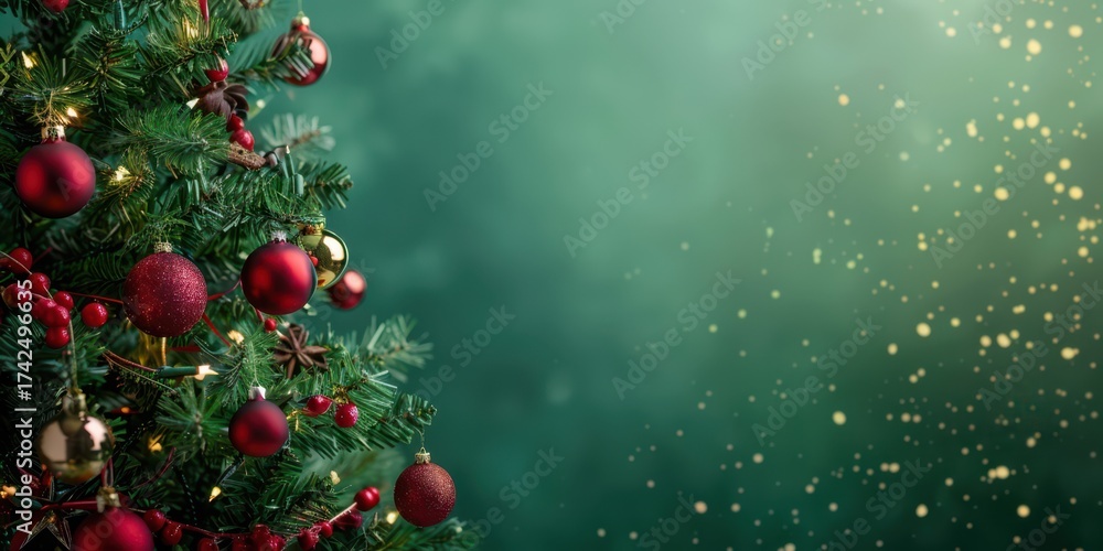 dark green christmas tree background with light shine and copy space ...