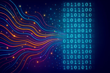 Abstract digital data flow transforming into binary code with colorful light streaks technology